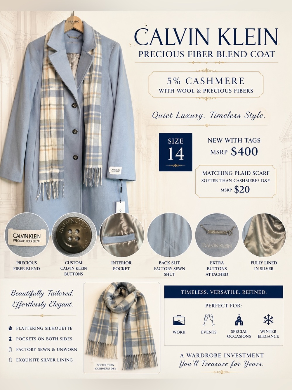 Calvin Klein Light Blue Wool-Blend Pea Coat with Plaid Scarf